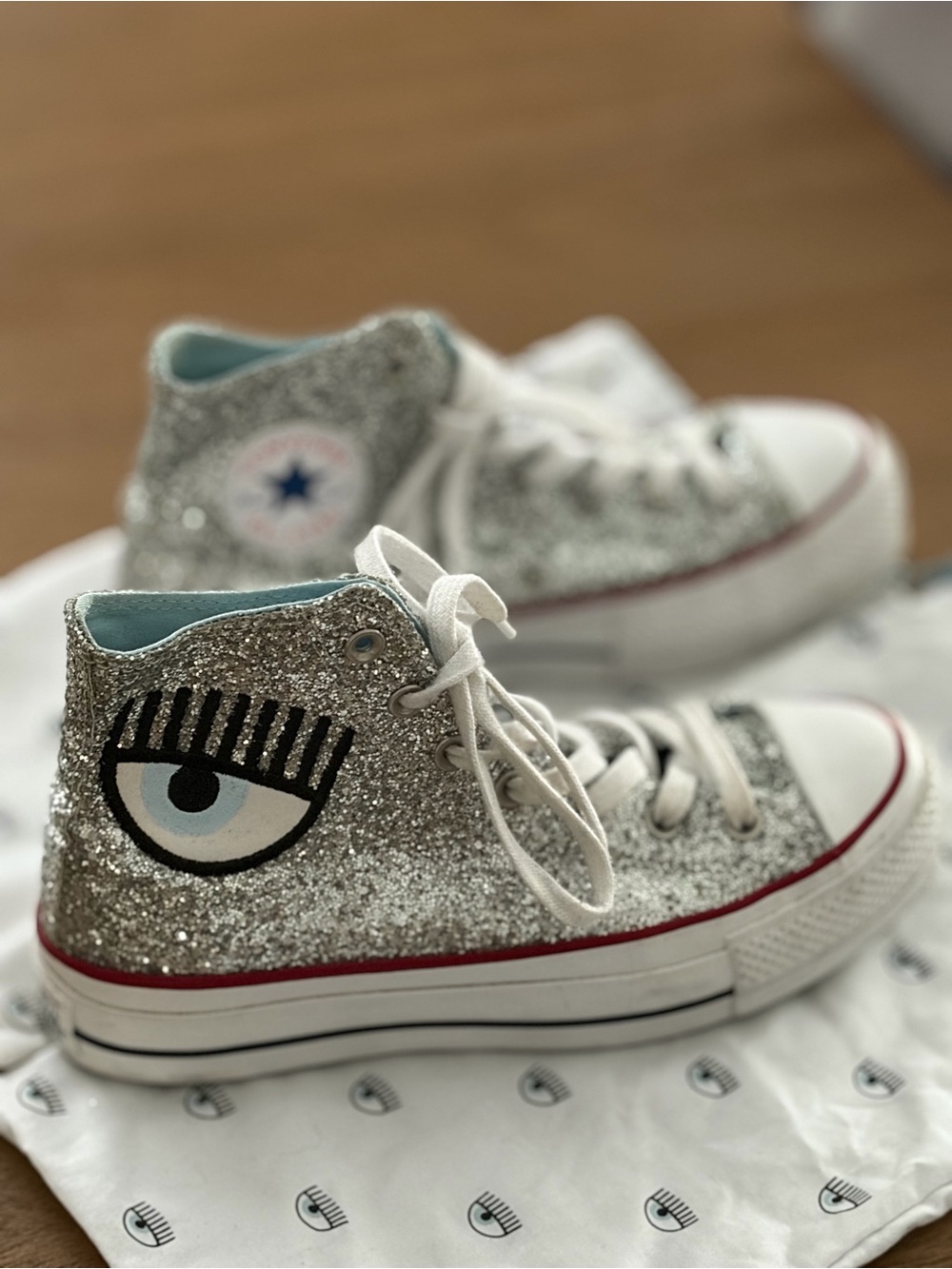 Chiara Ferragni x Converse Glitter High-Top Sneakers with Eye Graphic in Silver